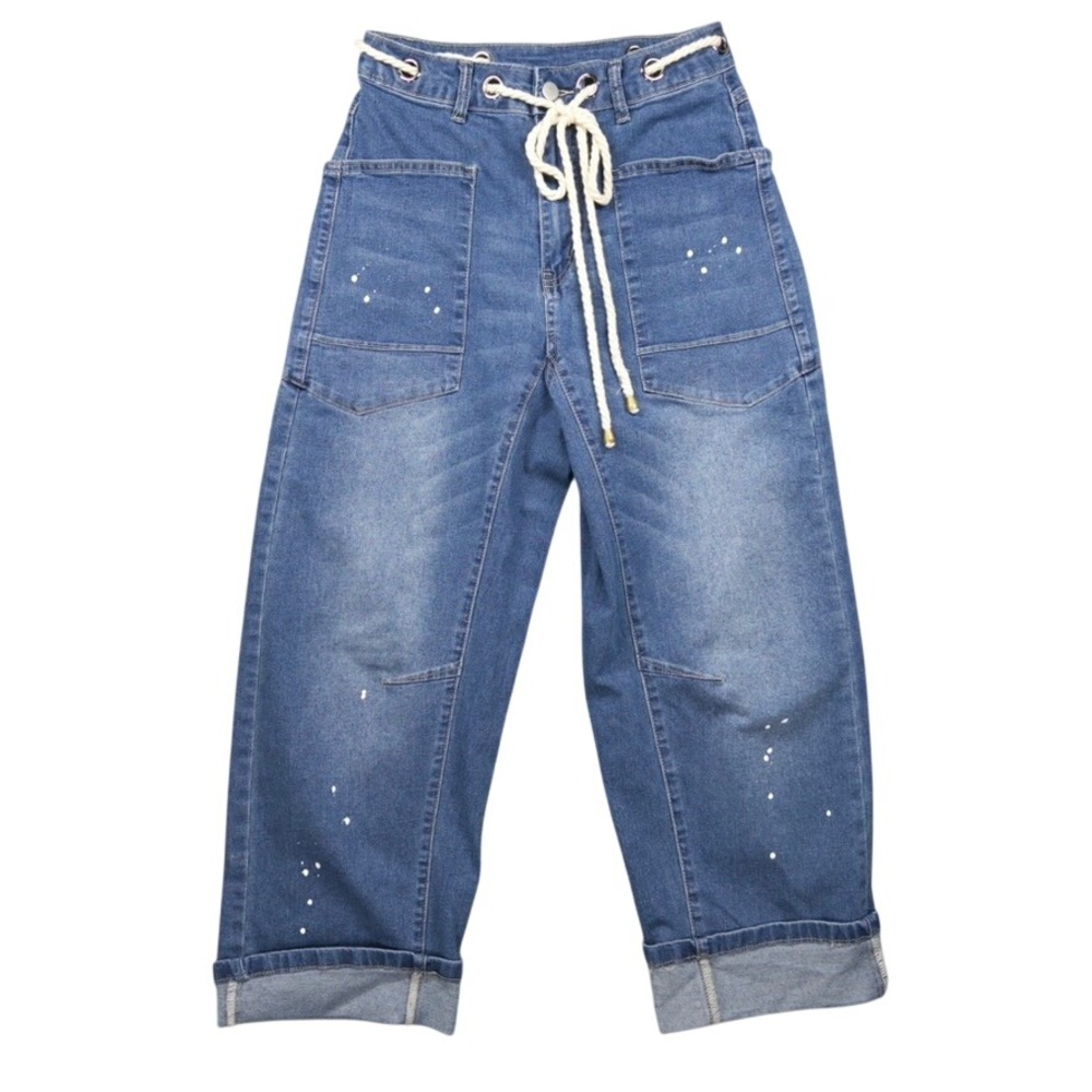 Paint‎ Splatter Crop Jeans Womens 6 Blue Rope Belt Wide Leg Cuffed Denim Boho
